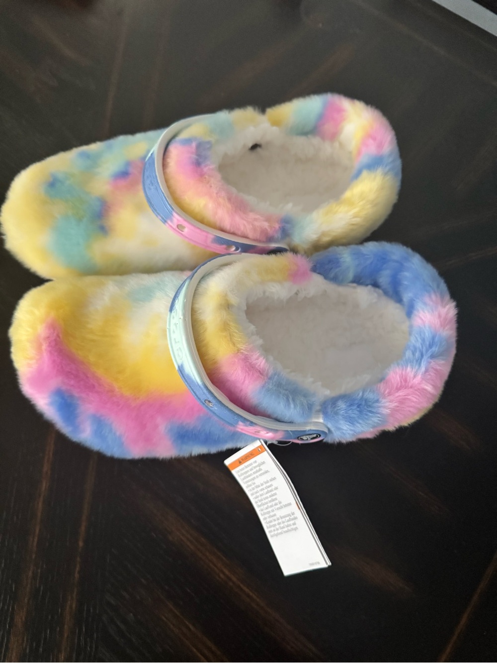 CROCS Plush Tie-Dye Fuzzy Lined Clogs in Yellow, Pink, Blue